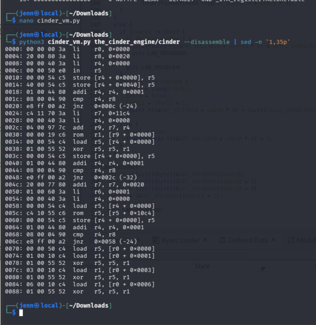 Disassembler output showing decoded VM instructions